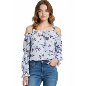 Speechless Cold Shoulder Striped Butterfly Blouse Blue Size L